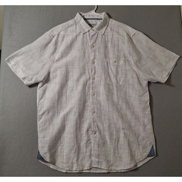 Tommy Bahama Shirt Mens Large White Linen Blend Button Up Plaid Island Zone - Picture 1 of 7